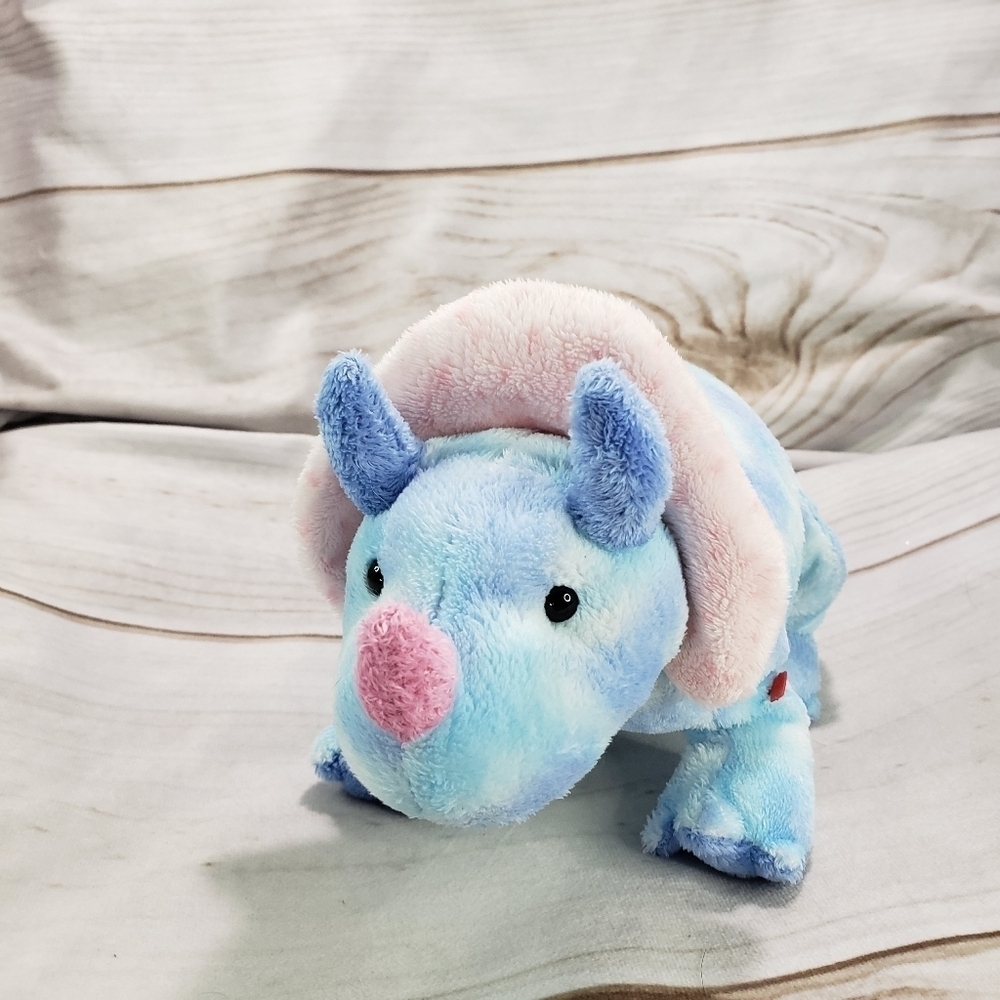 TY Pluffies Tromps Blue Pink Tie Dye Triceratops Dinosaur Plush Toy 12 Inch 2005